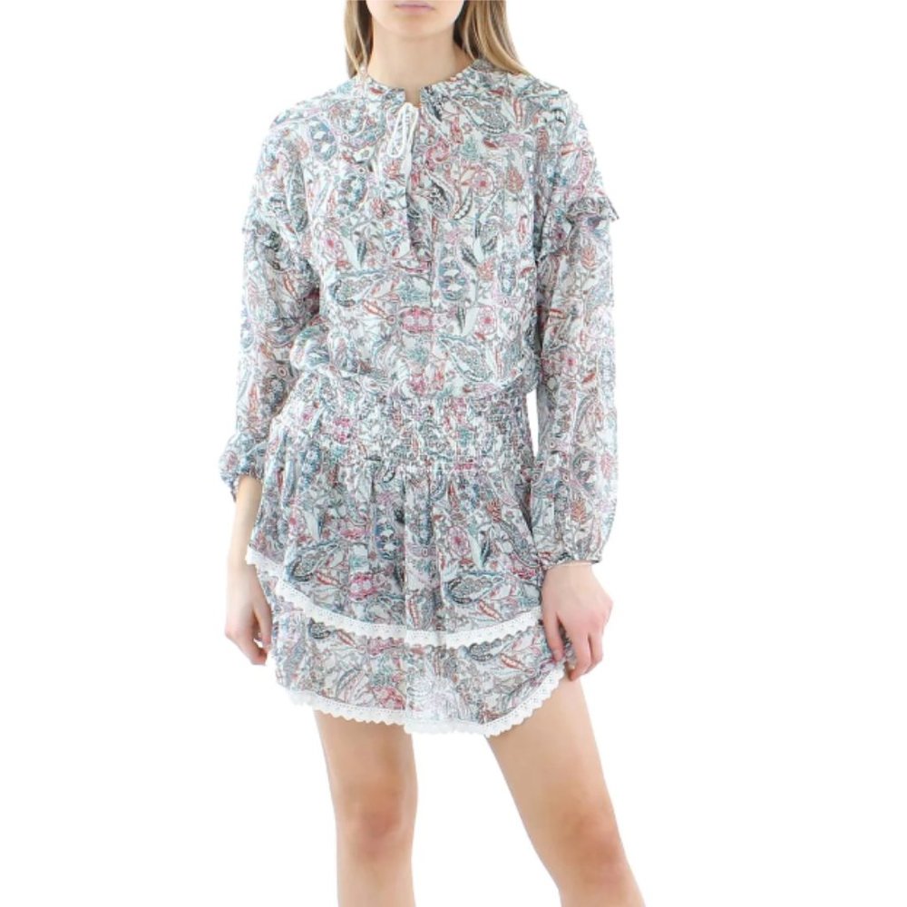 Aqua Paisleyβ Smocked Waist Tiered Ruffle Mini Dress with Lace Trim Small